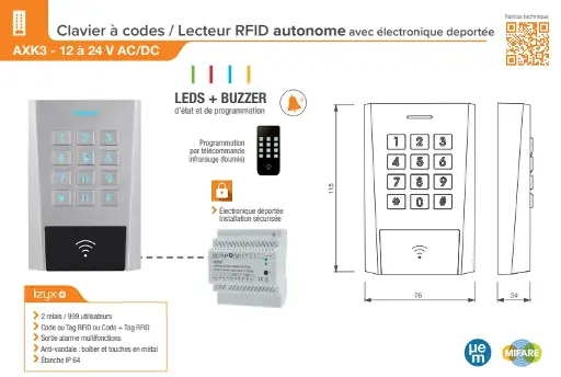 [ICC] IZYX Lecteur / Clavier autonome 125Khz 12/24Vad/Dc version bornier